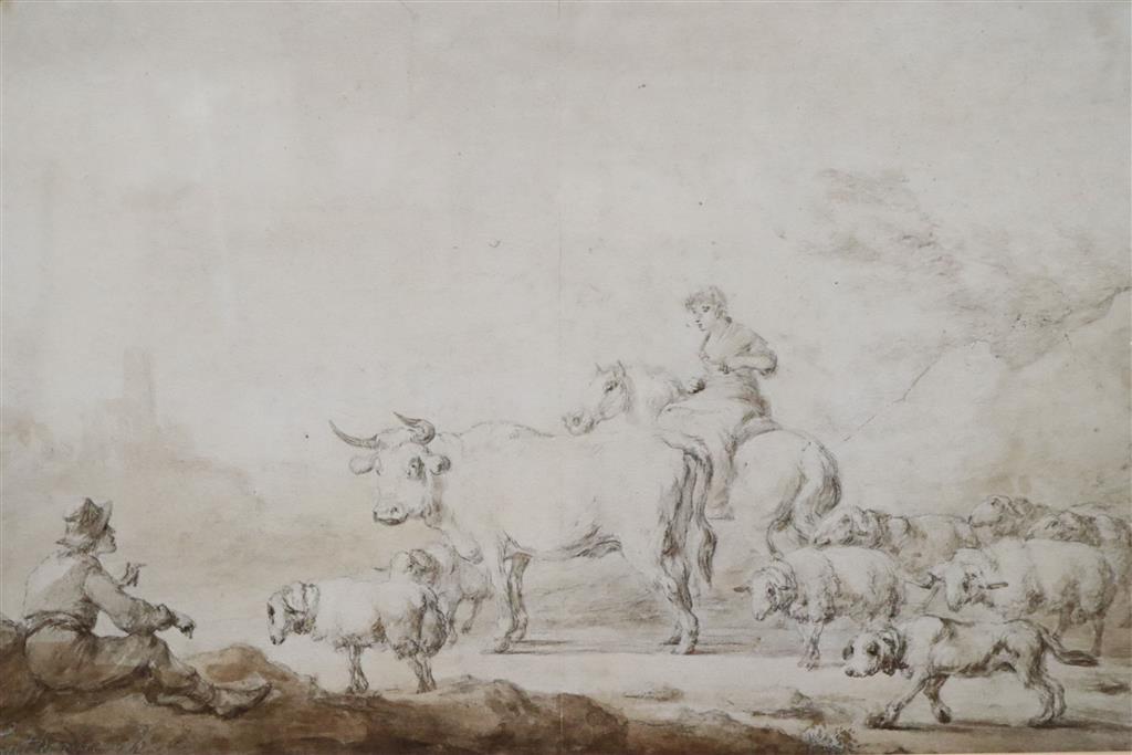 Attributed to Philip James de Loutherbourg (1740-1812), ink and watercolour, Drover on a lane, bears signature lower left, 23 x 37cm